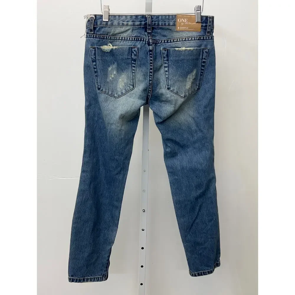 One Teaspoon Sz 26 Blue Denim Heavy Distressed Zip Ankle Low Rise Skinny Jeans - Picture 4 of 4